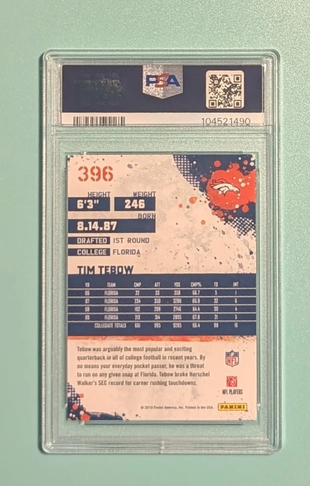 2010 Score - Tim Tebow RC Rookie #396 PSA 10 GEM MT - Broncos Gators - Image 2 of 2