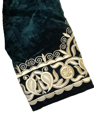 EXOTIC UZBEK/TAJIK ZARDOZI MEN'S CEREMONIAL CHAPPAN(ROBE)-BOTTLE GREEN VELVET - Picture 5 of 14