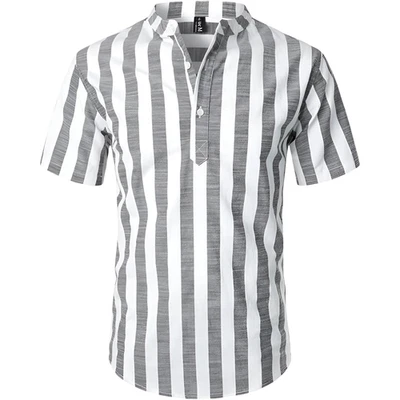 Chemise Henley pour Homme Casual à Rayures en Coton Manches Courtes Gris Blanc S - Photo 1/4