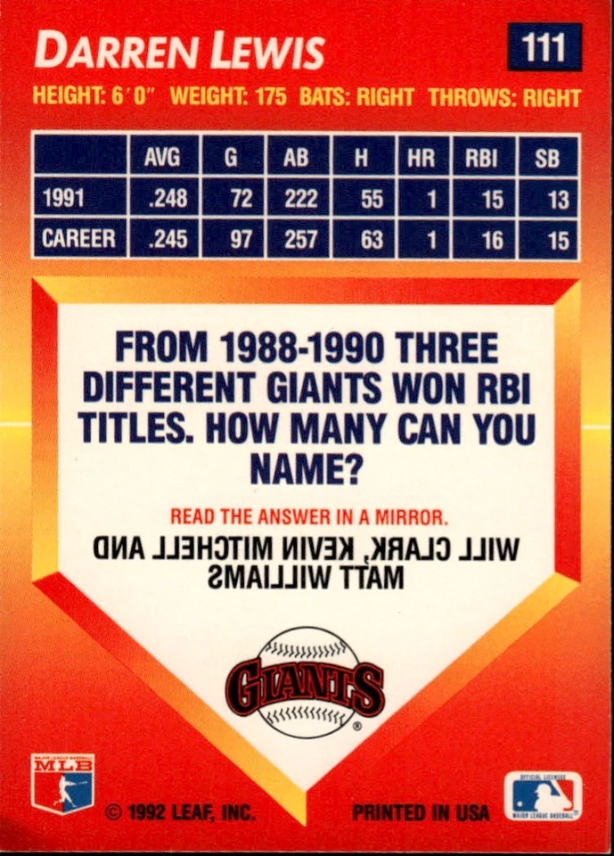 1992 Triple Play #111 Darren Lewis [GOATCARDS] - Image 2 of 2