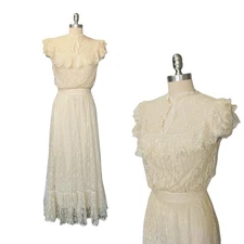 Gunne Sax Lace Wedding Dress Size S 9 Prairie Vintage 70s Short Sleeve Maxi