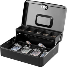 Locking Cash Box with Top Lock,Money Box Cash Tray,5 Coin Slots Black XL Large