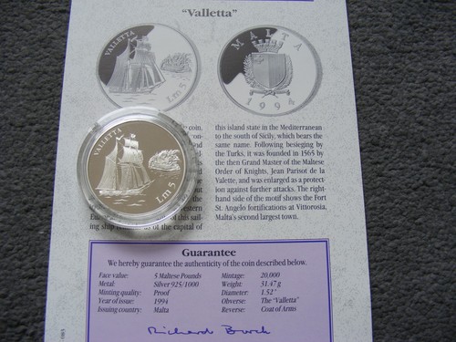W307a Malta Silver Proof 5 Pounds 1992 Valletta 31.47g .925 COA