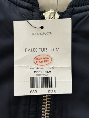 Topshop Navy Bomber Jacket With Faux Fur Lining Size 2 - Picture 5 of 11