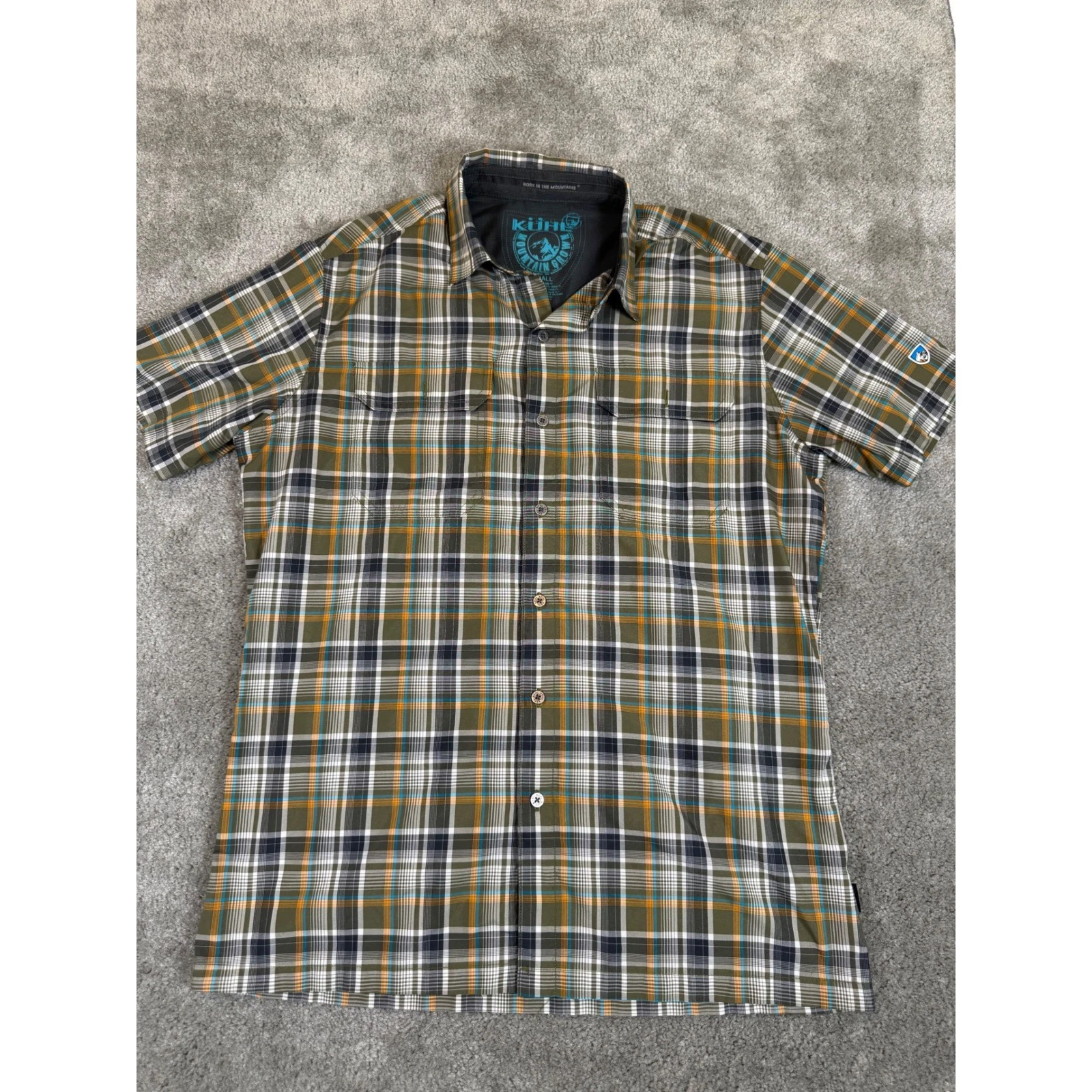 Kuhl Eluxur Mens Small Short Sleeve Plaid Button Down Shirt Olive Green Hiking