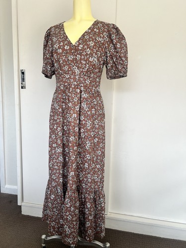 French Connection Dress 10 Brown Floral Linen Cotton Blend For & Flare Midi - Picture 4 of 17