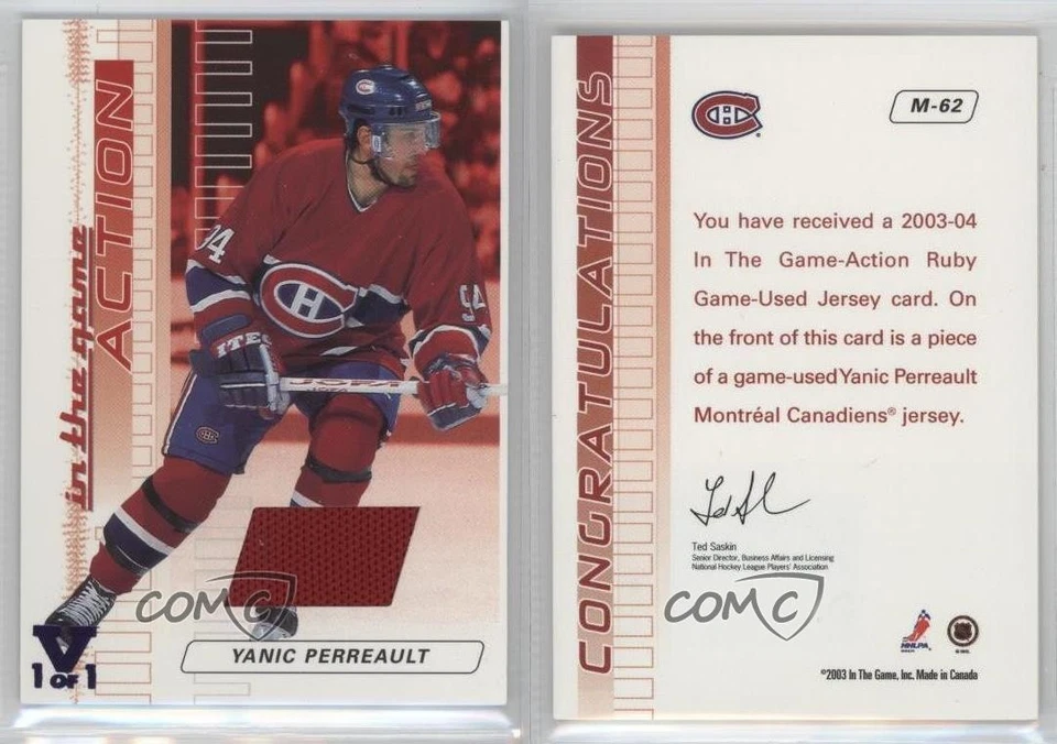 2003-04 ITG Action Game-Used Jerseys Ruby Vault Purple 1/1 Yanic Perreault 2a8 - Image 3 of 3