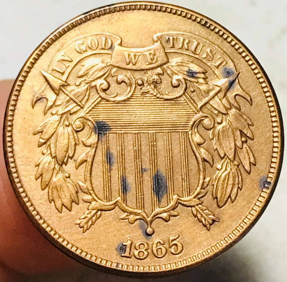 1865 Two Cent Piece 2C FULL MOTTO Civil War Era US Copper Coin CC28217 - Image 4 of 4