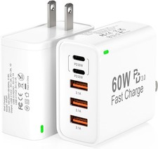 "2-Pack 60W USB-C Fast Charger 5-Port Wall Charger PD 3.0 Multiport"
