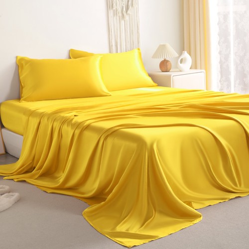 4 Pcs Lustrous Satin Silk Sheet Set Deep Pocket Bed Sheet Wrinkle Fade Resistant - Picture 22 of 101