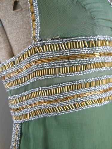 Vintage 1960er Cleopatra Elizabeth Taylor FILMKOSTÜM oliv TRANSPARENTE SEIDE Perlen xs - Bild 4 von 12