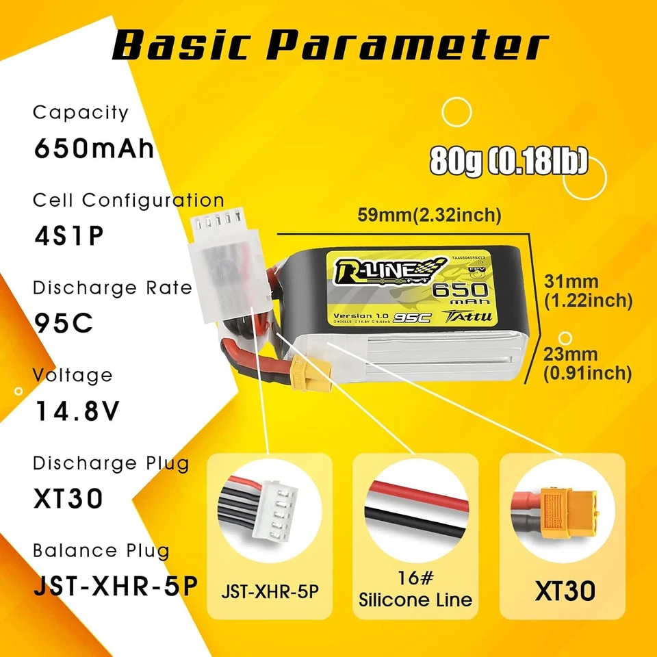 Batería 3 piezas Tattu 650mAh 14.8V 95C 4S Lipo XT30 para cuadricóptero de carreras FPV Drone Foto 2 de 4