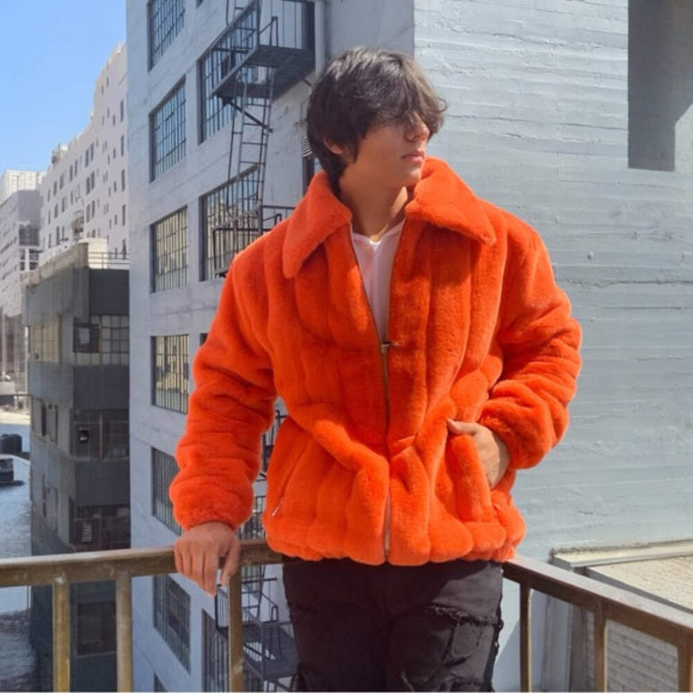 Men s Manzini Orange Faux Fur Fuzzy Casual Coat NWT
