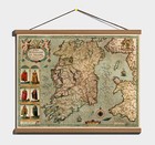 Ancient Old 1610 Early Antique Decorative Map Of Ireland; Canvas, Wooden Hanger