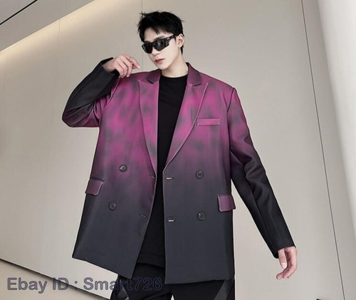 Men's Fashion Lapel Long Sleeve Loose Color Matching Double-breasted Suit Coats - Picture 22 of 27