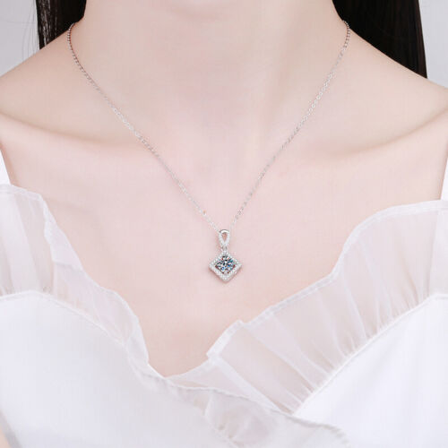 1CT Certified Moissanite Necklace D Color square Pendant S925 Solid Silver Women - Picture 3 of 9