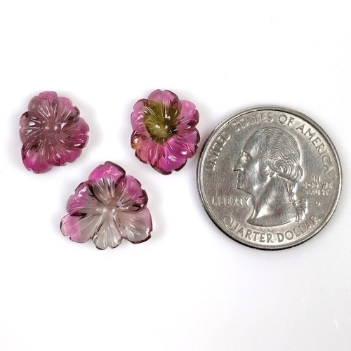 15.95cts Watermelon TOURMALINE Flower Carving 14*11.5mm - 15*14.5mm 3pcs - Picture 2 of 5