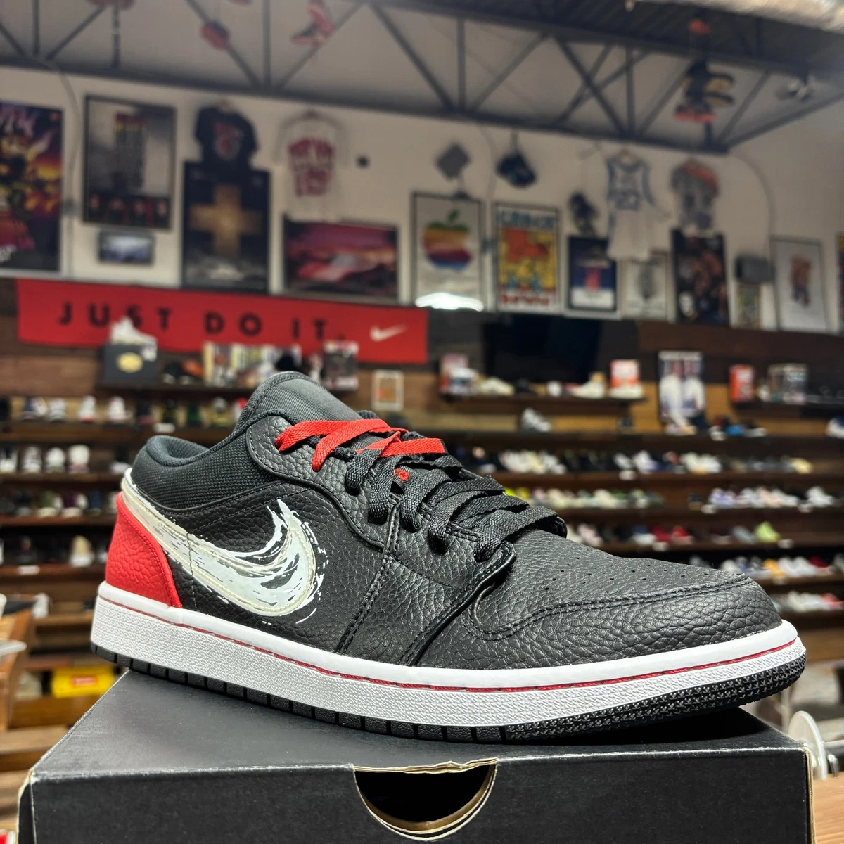 Jordan 1 Low Brushstroke Swoosh - Black Red for Sale