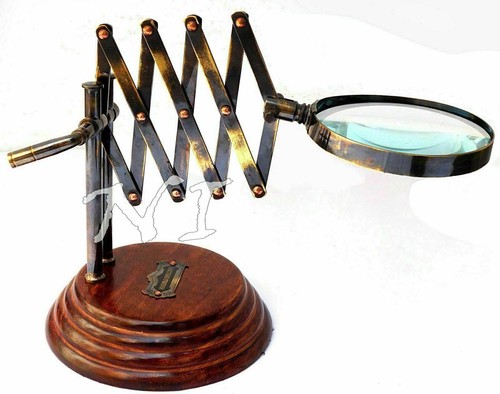 Old Desktop Channer Magnifier Brass Vintage Magnifying Glass on Wooden Stand - Picture 4 of 7