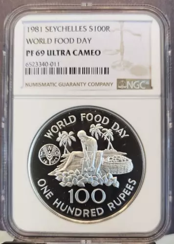 1981 SEYCHELLES SILVER 100 RUPEES WORLD FOOD DAY NGC PF 69 ULTRA CAMEO TOP POP 1