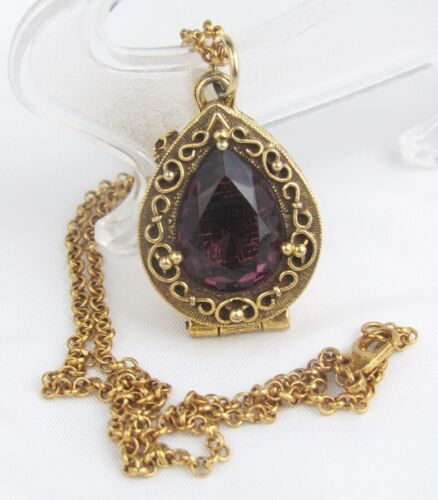 Vintage Goldette Teardrop Amethyst Hinged Compartment Locket Pendant Necklace - Picture 8 of 9