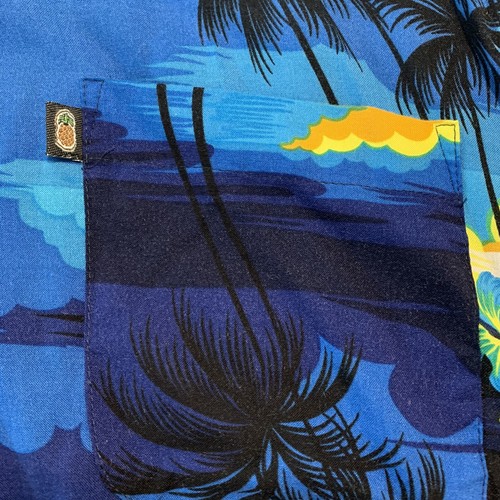 Pineapple Connection Hawaiian Shirt Rayon Blue & Yellow Palm Trees & Flowers - Picture 5 of 7