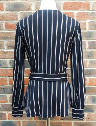 H&M Size S Black Wrapover Top Removable Tie Belt White Beige Pinstripe Wrap - Picture 2 of 9