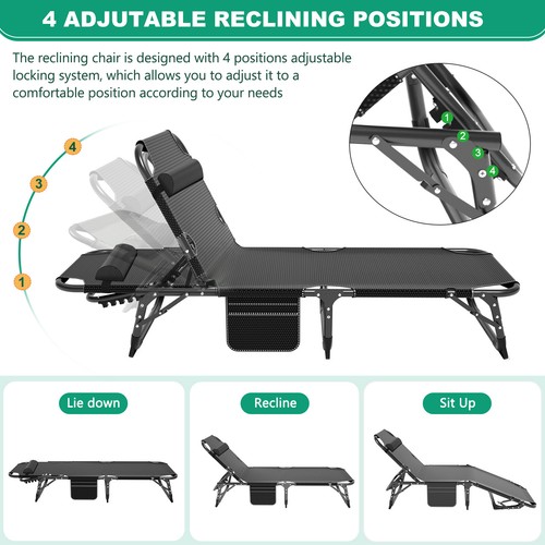 Camping Cot Adults Reclining Folding Chaise Lounge Chair Cots Adjustable w/ Mat - Picture 20 of 29