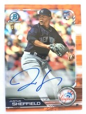 2019 Bowman Chrome Orange Refractor Autograph Justus Sheffield RC Auto /25 NYY