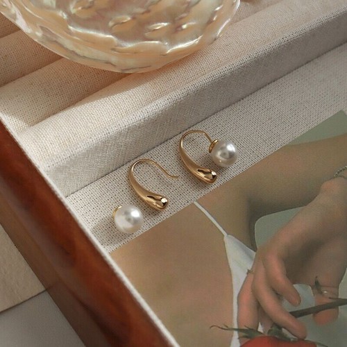 Woman 18k Gold Plated Waterdrop Earring Stud Pearl Dangle Drop Pierced - Picture 4 of 6