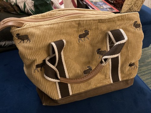 LL Bean Large Tote Bag Tan Corduroy W Embroidered Moose Brown Trim Vintage EUC