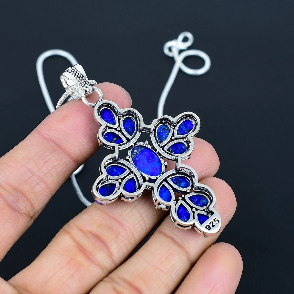 Blue Lapis Lazuli Gemstone Cross Pendant 925 Sterling Silver Handmade Pendant - Image 4 of 4
