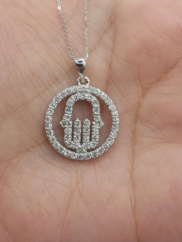 Certified Natural GH SI Diamond Hamsa Hand Pendant 18'' Necklace 14k White Gold - Picture 12 of 12