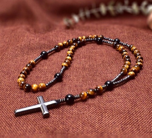 Natural Obsidian Tiger's Eye Necklace Hematite Stone Stainless Steel Cross - Picture 3 of 3