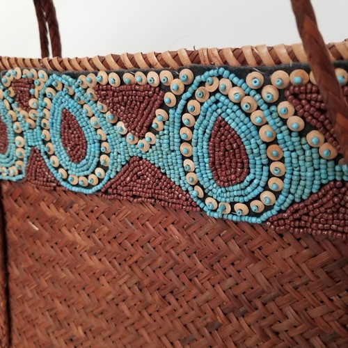 Large Brown Woven Straw Tote Beach Bag with Turquoise Beading - Picture 7 of 11