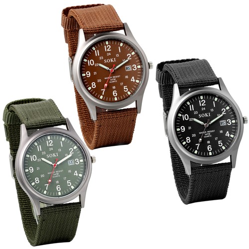 Mens Watch Easy Reader Date Leather Strap Watch Military Wrist Watch Canvas Band - Picture 16 of 16