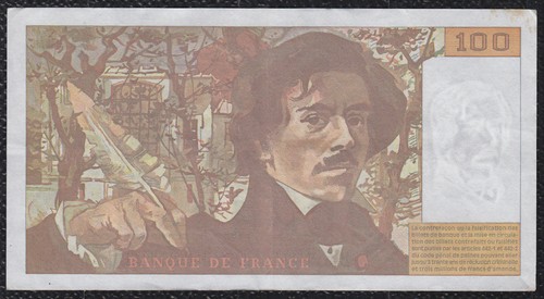 🔴FRANCE 100 Francs 1995 VF P294 DELACROIX Serie H.272 No pin holes 🔴 - Picture 2 of 2