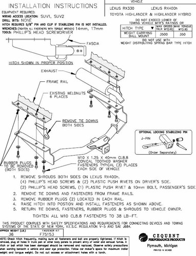 Trailer Tow Hitch For 04-07 Toyota Highlander Complete PKG w/ Wiring and 2" Ball - Picture 7 of 8