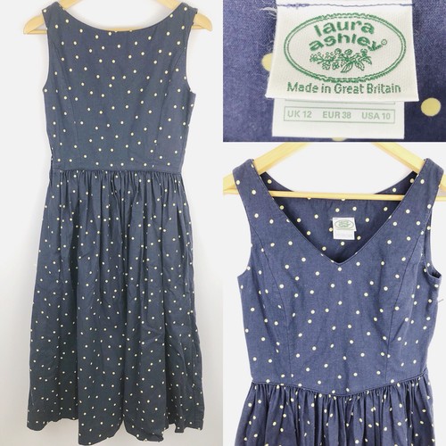 Vintage Uk Donna Dress stile 50 Dots Long Blu scuro Ashley 12 Laura anni 5wqIp6a