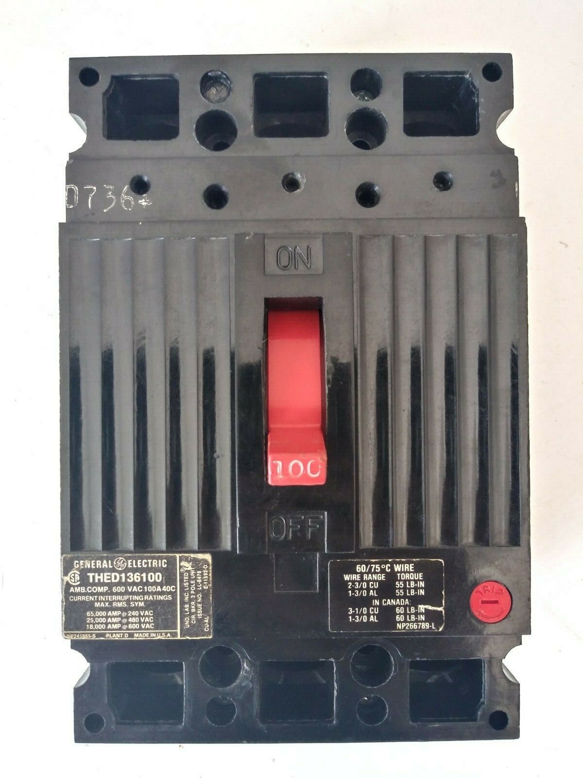 Hi-Break Circuit Breaker 3 Pole Unit Details about / General Electric 100 Amp THED136100