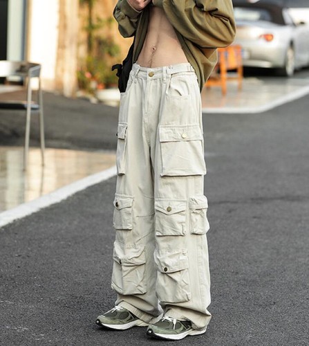 Men's Cotton Pockets Cargo Pants Casual Straight Leg Breathable Trousers Hip Hop - Picture 3 of 11