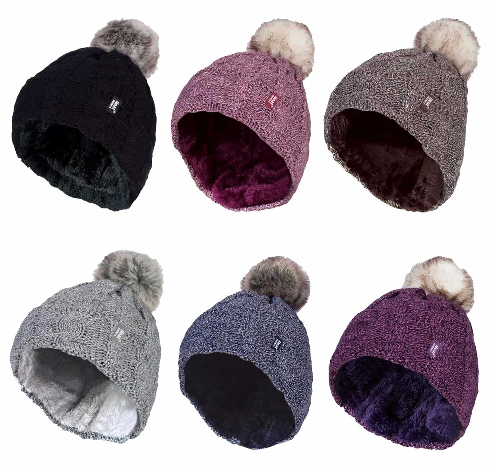 Heat Holders - Womens Cable Knit Fleece Lined Winter Bobble Pompom Beanie Hat