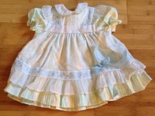 VTG 70s Pastel Dress Baby Girls Sz 12M Easter Ruffle Puff Sleeves USA FLAW