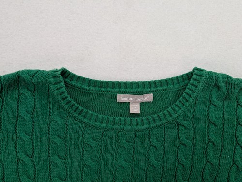Woman Within Sweater Size 1X 22/24 Green Crewneck Cable Knit Pullover - Picture 3 of 12