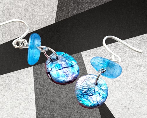 Dichroic Polymer Clay & Sea Glass Delicate Earrings - Picture 2 of 3