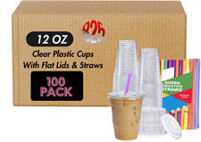 12 OZ Disposable Clear Plastic Cups with Flat Lids and Straws Cup Smoothies