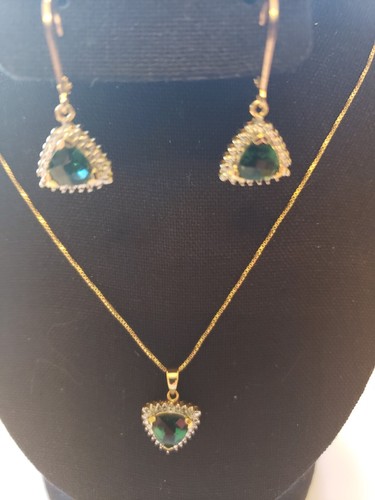 Simulated Emerald Necklace Ring Earrings 10K Gold Plated Sterling Diamond Set 4 - Picture 16 of 17