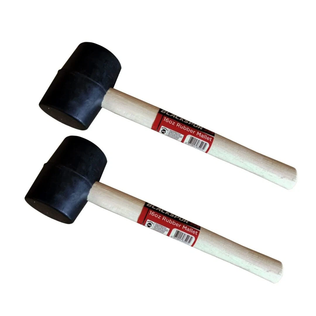Rubber Mallet Hammer 16oz Tool Black Rubber Head Hard Wooden Handle Shaft X2