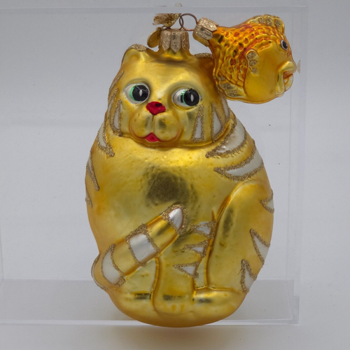 Christmas Ornament Tabby Cat W Goldfish Blown Mercury Glass Poland Large 6"