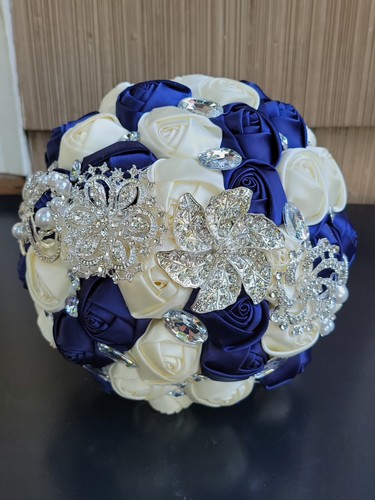 8" Navy Blue Satin Rose Bridal Wedding Brooch Bouquet with Sparkle Rhinestones - Picture 1 of 10